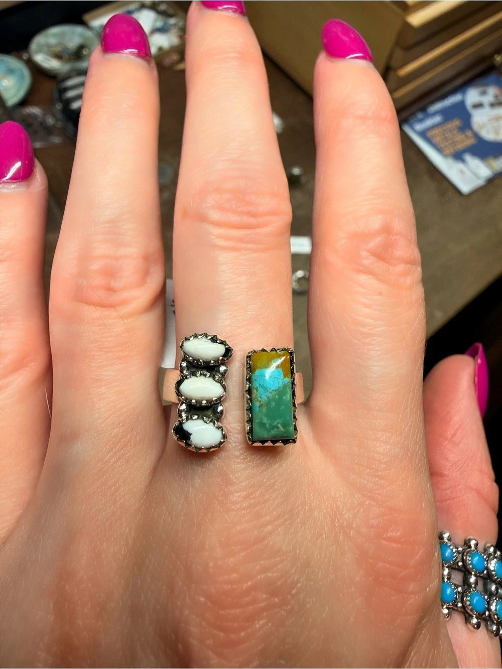 White Buffalo + Turquoise 925 split shank ring